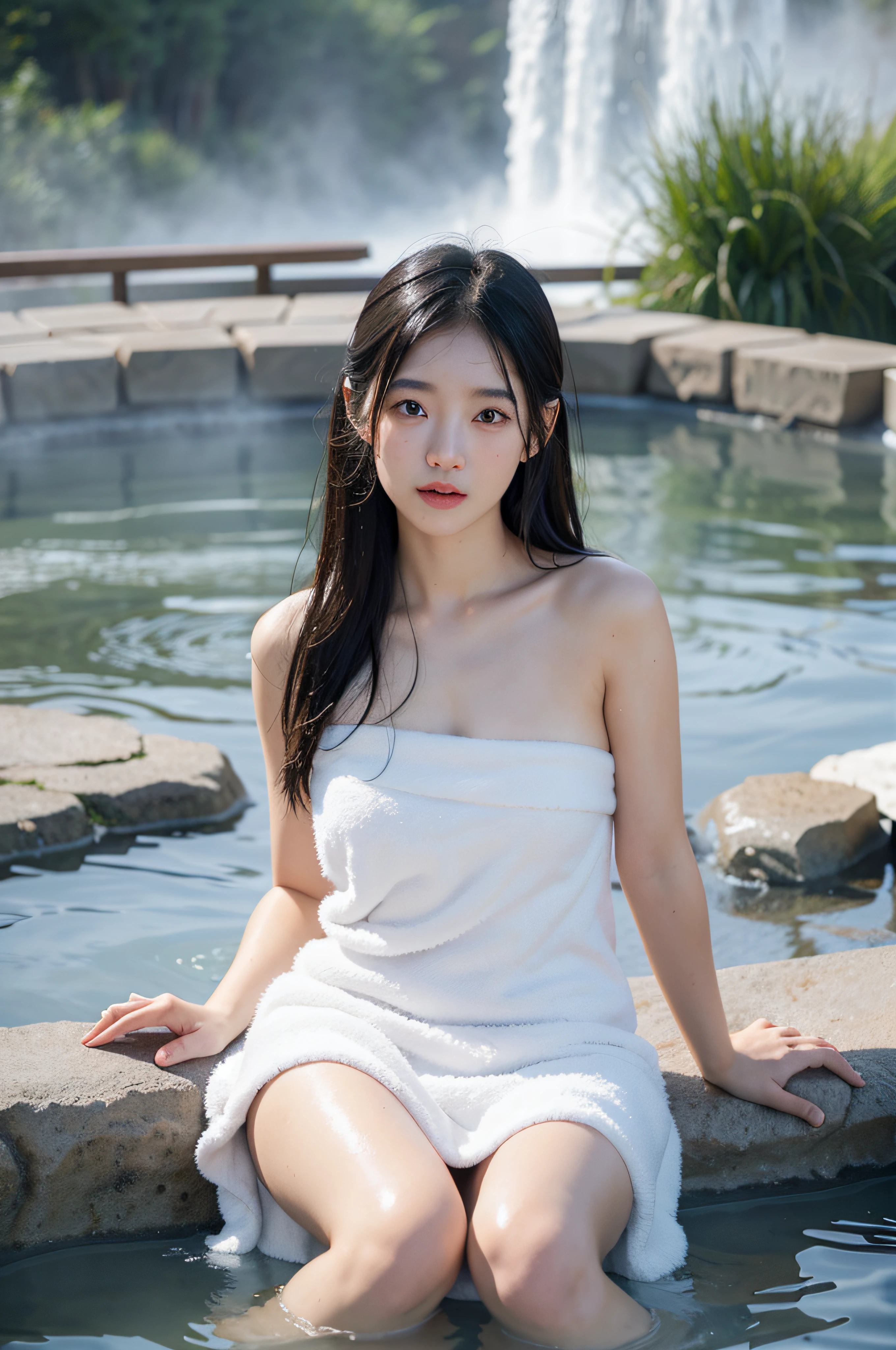 8k, Top Quality, (Beauty), High Definition, Realistic, Real Person, Young and Pretty Single Girl, (Naked Towel), (Geyser, Hot Spring:1.2), Moist Skin, (Mist:1.2), Mist, Glossy Skin, (Partially Submerged in Hot Spring Bath:1.2), (Wet Hair:1.2), Mist, Wet, Moisturize, Beautiful Japan Mountains and Lakes,
