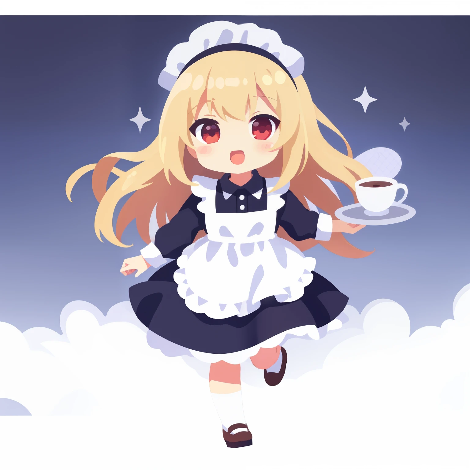 Full body depiction, 1girl in、((Chibikyara)), flat anime style,  Blonde short、maid clothes（Black Dress、White Apron、White Brim）、(White ruffles on the head), Ruby eyes、holding coffee on a tray、solid background