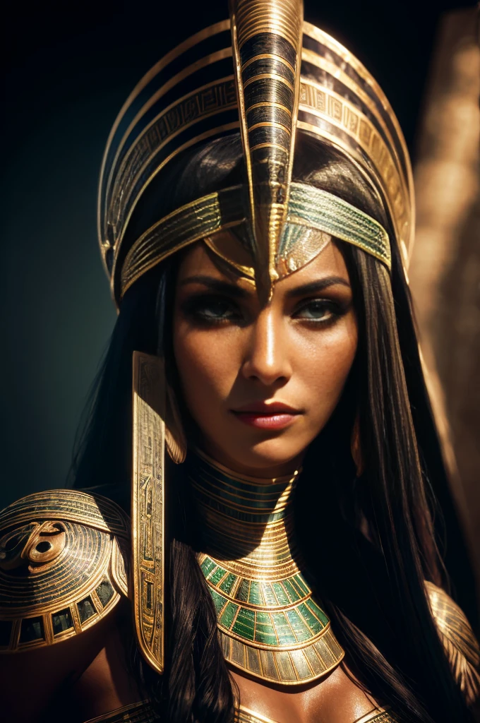 1 adult Egyptian woman, green eyes, black hair flaps, makeups , upper body, looking at viewer, detailed background, detailed face,  OldEgyptAI, ancient egyptian theme,  feral jungle warrior, obsidian, ((defensive stance)), stone knife, bushes, poisonous plants, rocks,  humid climate, darkness, cinematic atmosphere,
dark chamber, dim light, (zentangle, mandala, tangle, entangle:0.5)
(35mmstyle:1.1), front, masterpiece, 1970s film, , cinematic lighting, (photorealistic:1.5), high frequency details, 35mm film, (film grain), film noise,