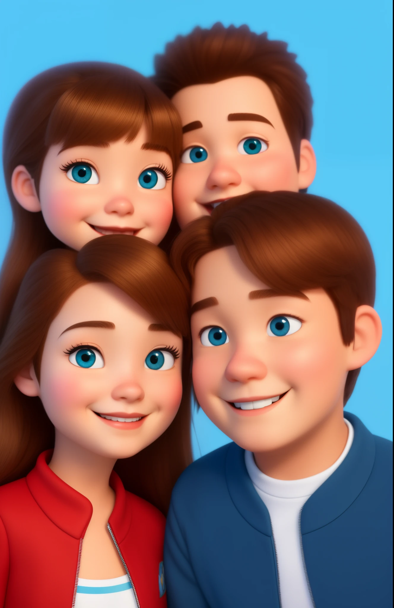 Generate a Disney Pixar model. There are a girl and a boy that are smiling to each other. They’re blonde, the girl has brown eyes and the boy has blue eyes. They love each other.