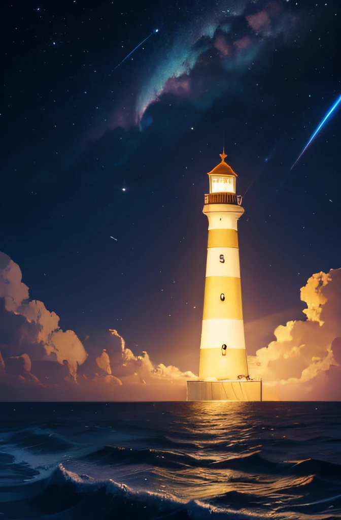 Illustration of a radiant lighthouse, emitiendo haces de luz que forman el contorno del Reino de Dios. El faro se alza en medio de un paisaje oscuro, symbolizing hope and guidance in turbulent times.