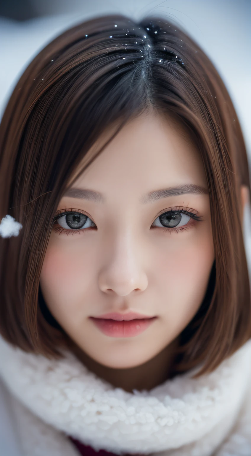 In the snowy city、Close up of woman posing for photo、Middle metaverse, 奈良美智, Japanese Models, Beautiful Japan beauty, With short hair, 27-year-old female model, 4 k、4K、27yo,