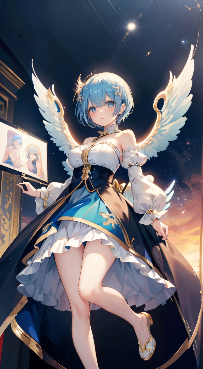 extra detailed face, Perfect Lighting, extremely details CG, (Perfect hands, Perfect Anatomy)、Ultra-realistic photo of a girl in a majestic white and golden ball gown dress, Big beautiful dress, Complex puffy ball gown with lots of frills and rhinestones (Best Quality, masutepiece, ((Angel wings:1.2))。 art stations, Fantasy Art:1.2), Palace rooms, Beautiful cute girl, Rem of Rezero、(Blue shorthair:1.3), Bangs hide one eye、(Complex short gold skirt, Bare legs:1.2, Full body shot)、very Bigger breasts、White panties、Skirt flipping in the wind