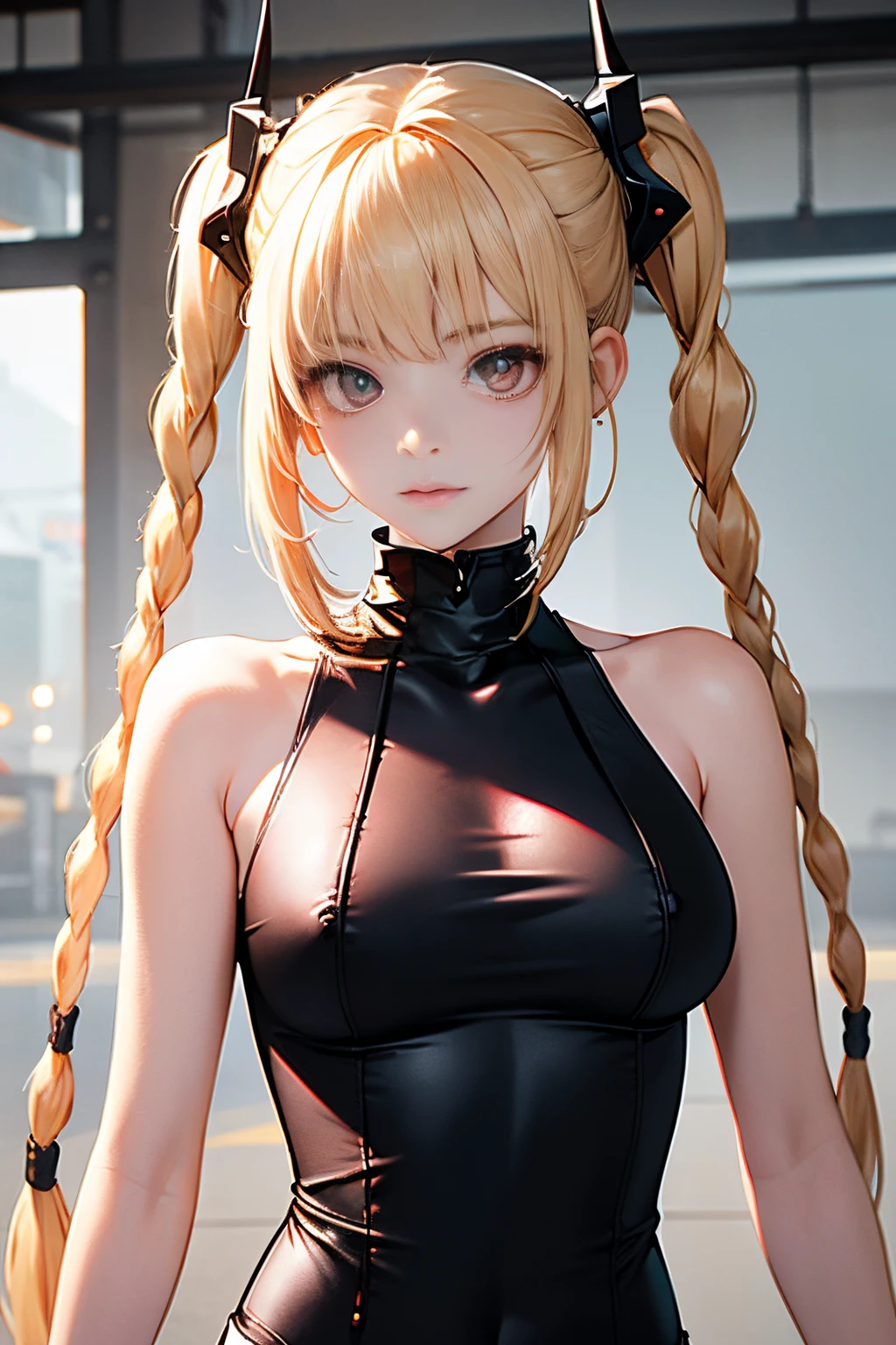 optimum，tmasterpiece，hight resolution，best qualtiy，hyper HD，super detailing，awardwinning，16 K，独奏，（The upper part of the body），anatomy correct，Beautiful cyberpunk girl，Cowboy Shot、cute  face，，a blond、Longhaire、Twin-tailed、Braids, Hairline，（（scarlet eyes）），long eyelasher，Hanging eye corners，White skin of the，((toppless)), (I can see my nipples), Sheer breasts, (I can see my nipples), Sheer breasts, radiant eyes、Rocket Tits, （Slim body），