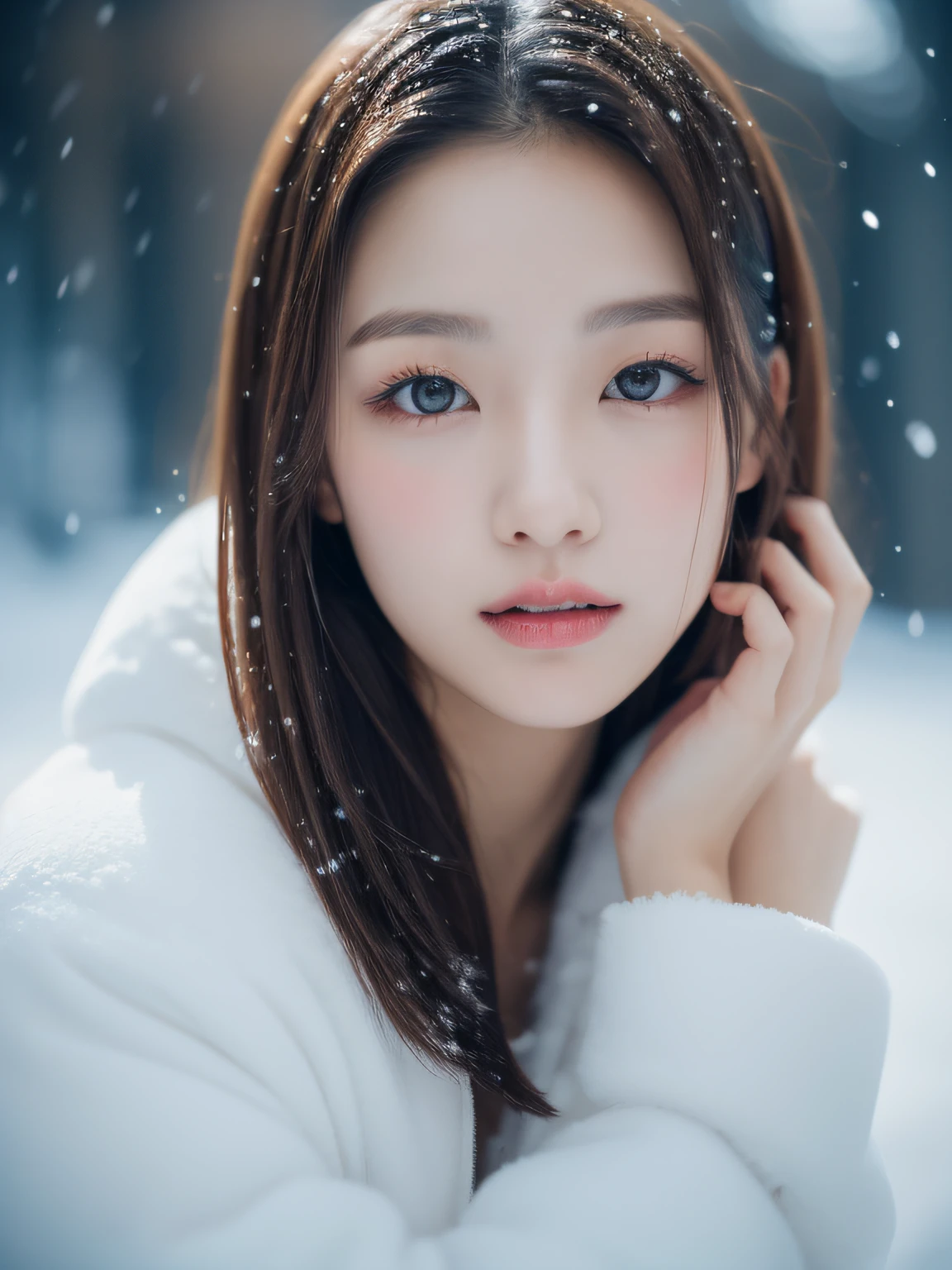In the snowy city、Close up of woman posing for photo, Middle metaverse, 奈良美智, Japanese Models, Beautiful Asian Girl, With short hair, 2 4 years old female model, 4 k ], 4K], 2 7 years old, sakimichan, sakimichan