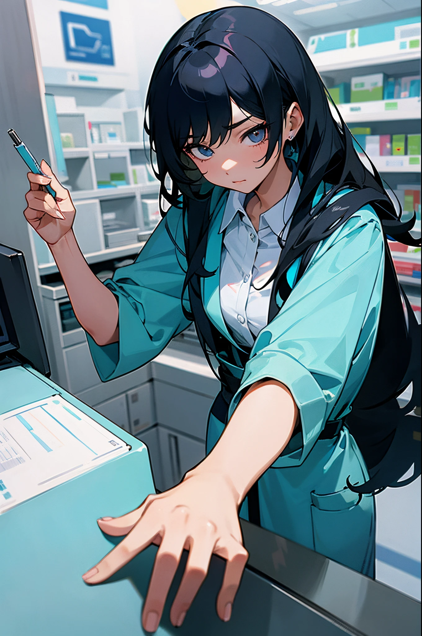 filipino girl working as a pharmacy technician, counting tablets at a pharmacy, serious expression, long black hair, wearing blue lab smock, at the cash register