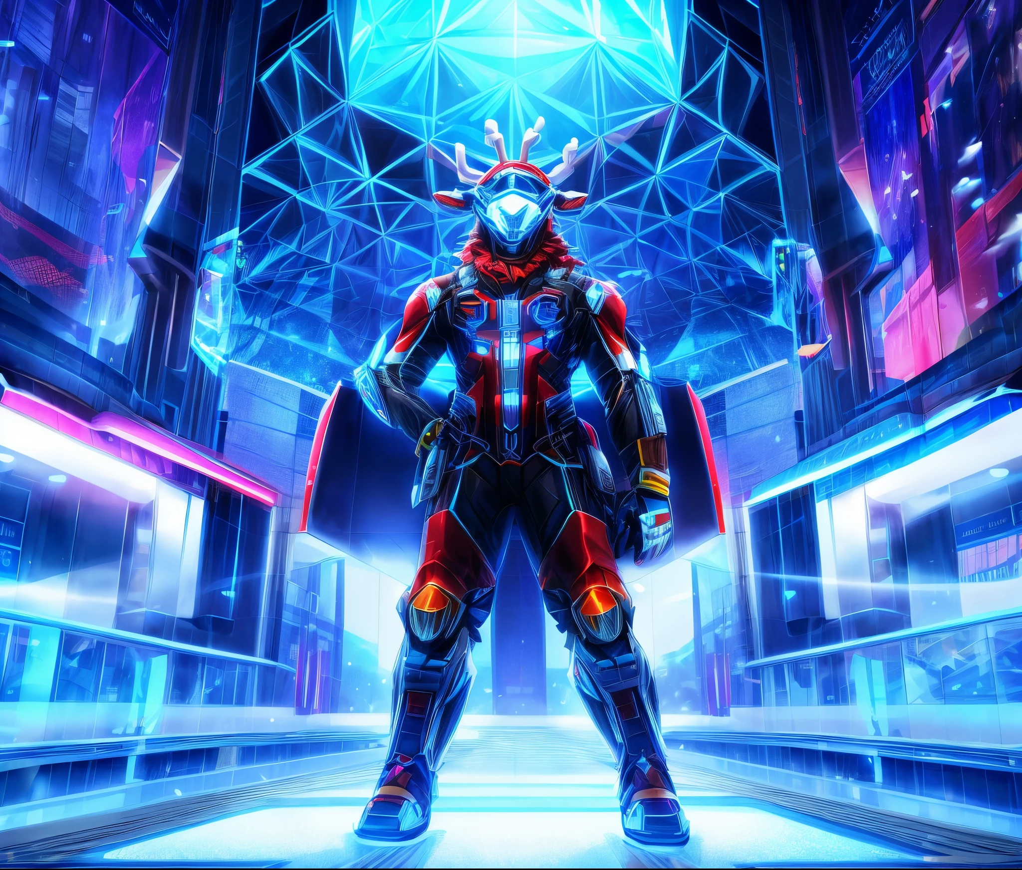 Reindeer, (blind box toy style:1.2), nuttcraker toy, (Full Body Shot) , 1 Transparent Santa claus, Behind him is a snowman and reindeer, snowflakes, Transparent mecha, Exquisite Helmet:1.2, glowing goggles:1.2, Cyberpunk, Dreamy Glow, Luminous neon lamp, clean, white background, ( Global illumination, raytracing, HDR, unreal render,reasonable design, high detailed, masterpiece, best quality, UHD, Cinematic Lighting)