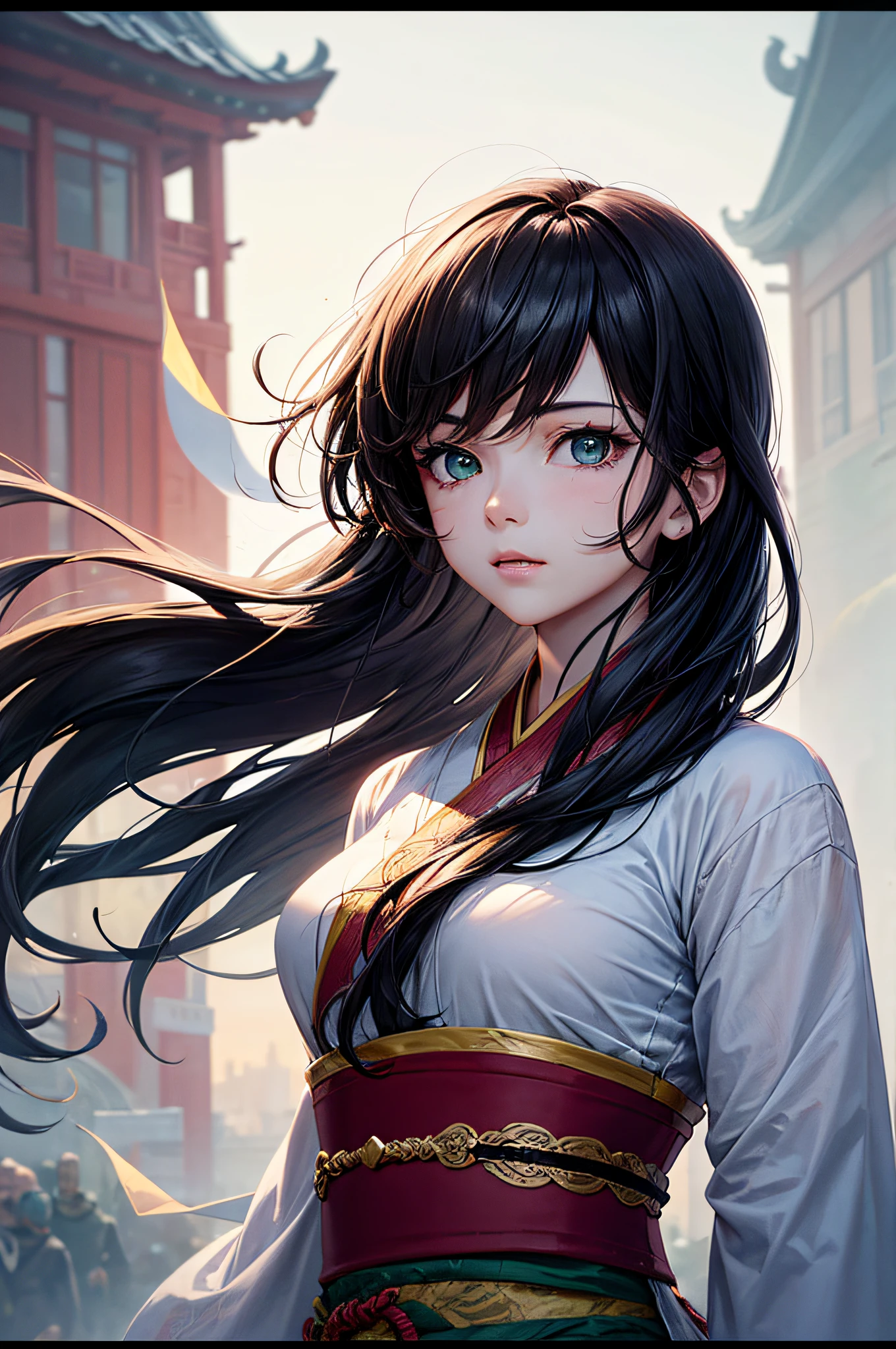 1 girl, heroine, a handsome, ink splash, Chinese Armor, (upper-body), black hair, Floating hair, gentle eyes, Black and Green Antique Damascus Hanfu, FOV, (f1.8), (Masterpiece), (portrait shot), front shot, whitebackground, (Movie poster), arma