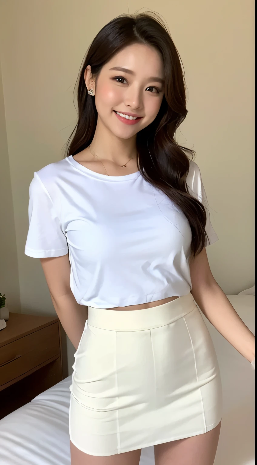 White tight shirt、White tight mini skirt、a bed、a smile、shortsleeves