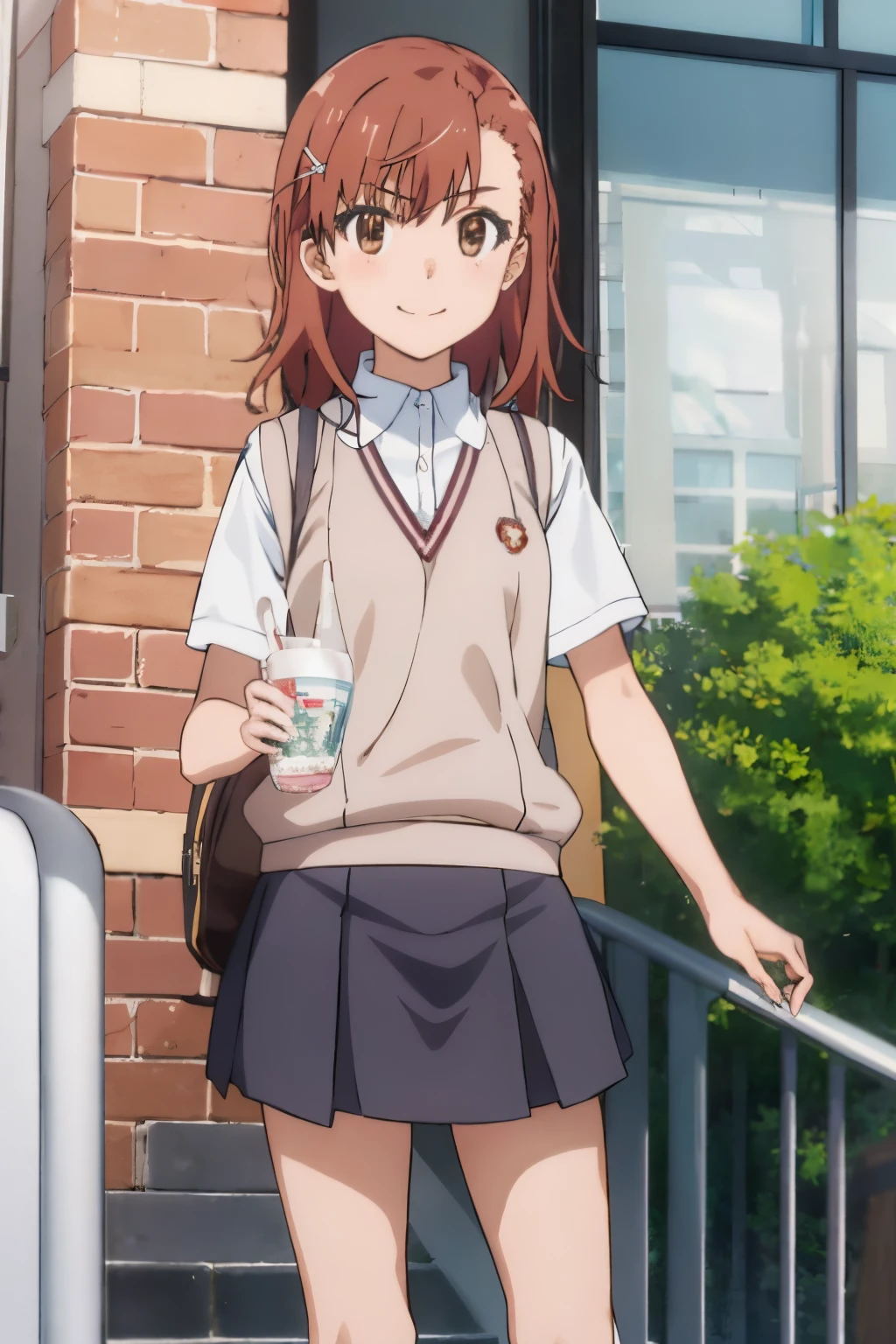 Misaka_mikoto, 1girl in, Solo, School_uniform, tokiwadai_School_uniform, Sweaters_vests, Skirt, brown_Sweaters_vests,A smile、Schools