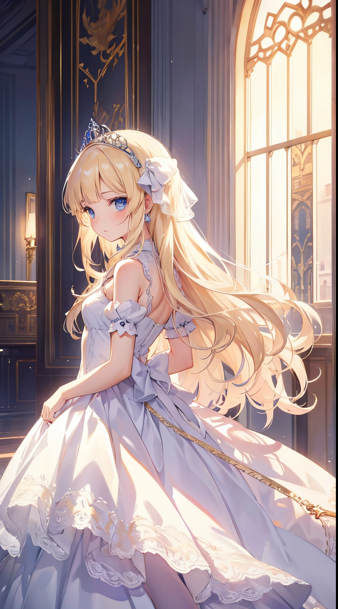beautiful illustration, best quality, cute girl, indoor, (princess), white dress, tiara, (petite), blond long hair, from side, castle, cowboy shot