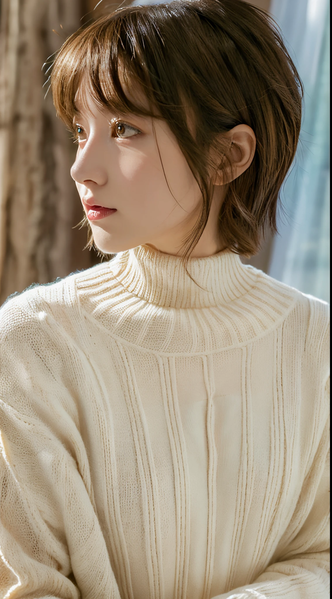 girl with,kawaii,slenderbody,An ultra-high picture quality,Short Bob Hair Wolf Cut,Brown hair,Ultra-delicate images,8K,masutepiece,dishevled hair,Beautiful face,highneck sweater,Photo from the waist up,