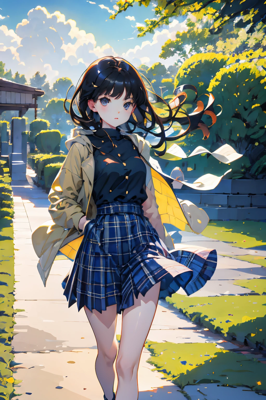 open one's legs,(child:1.2),(masterpiece,Highest Quality),parka,plaid skirts,A dark-haired,The wind is blowing