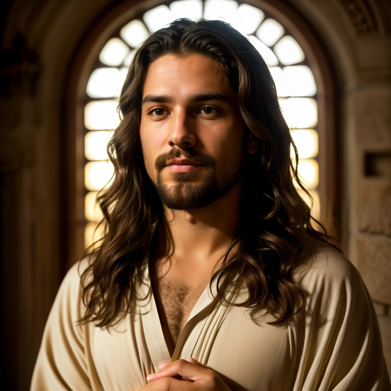 looking in camera,Pandora's Pastry Pub Background, Full face,Jesus of Nazareth、He is portrayed as a caring and gentle person with a shoulder-length length, Wavy brown hair cascades down to her shoulders. His seductive hazel eyes、Convey deep wisdom and empathy, Emanating warmth and understanding. A gentle smile adorns his lips, Illuminate his face with an out-of-this-world silence. He wears simple clothes, Flowing robes in earth tones, Intricate stitching along the edges is accented, Symbolizes humility and humility. His outstretched arm bears the marks of his crucifixion, Reminding viewers of the ultimate sacrifice for humanity. A serene landscape emerges in the background, Soft bathing, ethereal glow, Evoking a Divine Presence. This statue captures the essence of Jesus, Depict him as a lighthouse of love, Forgiveness, And the grace of God.((looking in camera))(extra detailed face), (Very ultra-detailed eyes, Very ultra-detailed hair, ighly detailed