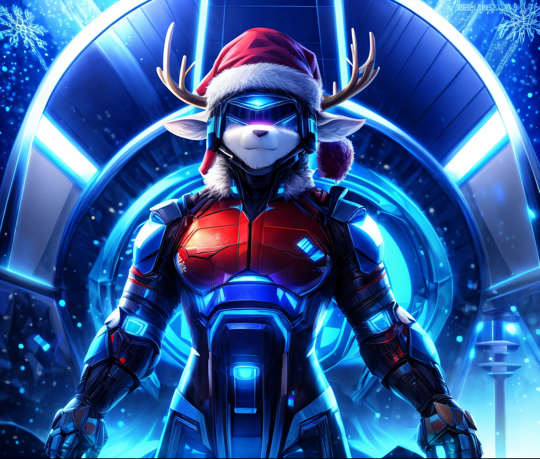 Reindeer, (blind box toy style:1.2), nuttcraker toy, (Full Body Shot) ,  1 Transparent Santa claus, Behind him is a snowman and reindeer, snowflakes, Transparent mecha, Exquisite Helmet:1.2, glowing goggles:1.2, Cyberpunk, Dreamy Glow, Luminous neon lamp, clean, white background, ( Global illumination, raytracing, HDR, unreal render,reasonable design, high detailed, masterpiece, best quality, UHD, Cinematic Lighting)