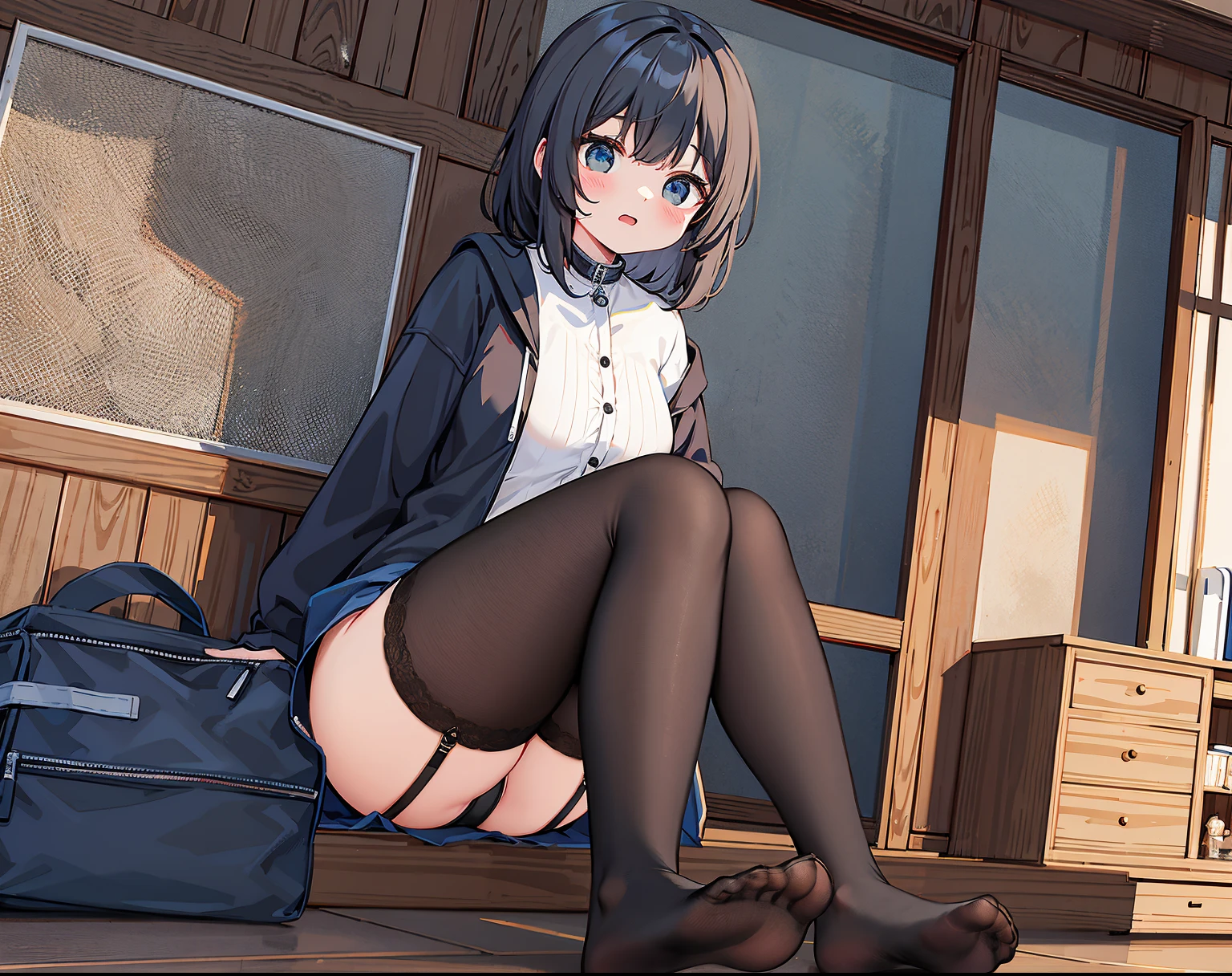 tmasterpiece, Best quality, The content is very detailed,tmasterpiece,Best quality,offcial art,extremely detaild的 CG unified 8k wallpapers,1个Giant Breast Girl, old,{black lence stockings},House model,shyexpression,A girl steps on a house model with her feet,Socks that emit steam,Steam collar