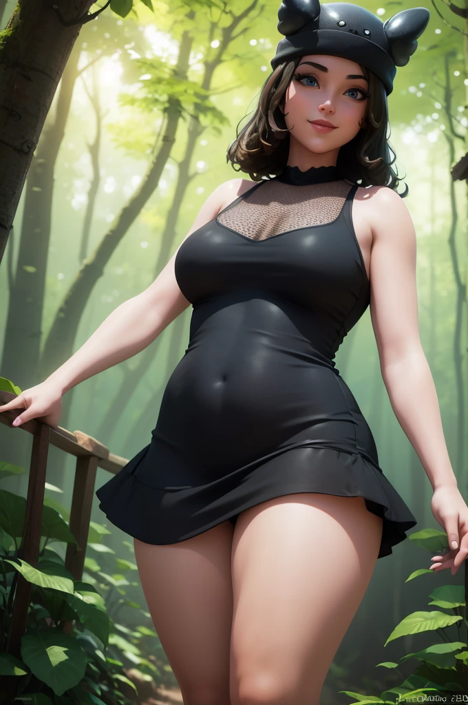 (8k, best quality, masterpiece:1.2), (realistic, photo-realistic:1.37), ultra-detailed, 1 girl,cute, solo, ,beautiful detailed blue eyes, medium wavy hair,  , thick thighs, standing in the jungle, , smiling, looking at viewer, ,light brown hair, black lips, black lipstick, full body view, , whole body shot, red hat, chubby, black  short dress , nsfw, dot pattern dress