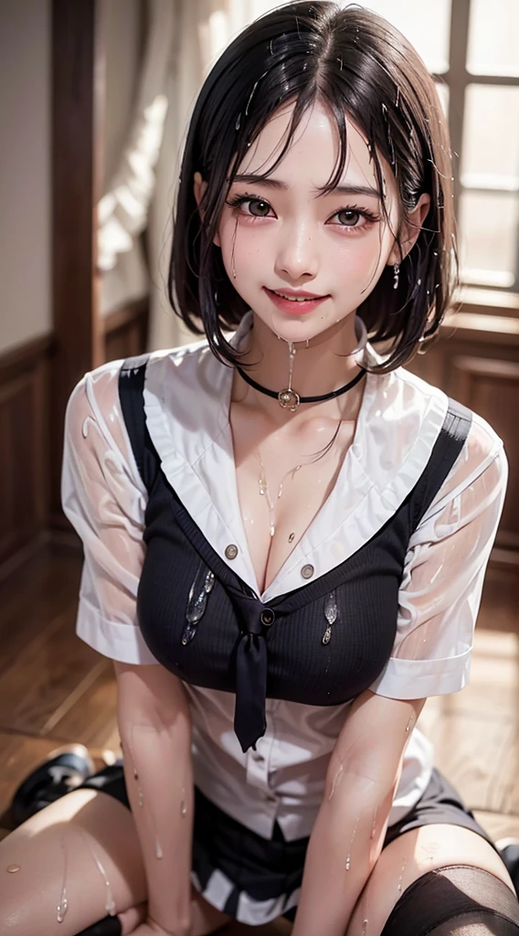top-quality、masutepiece、超A high resolution)、、(Looking at the camera、Kamimei:1.2、a smile:1.3)、((hi-school girl、Semen、a wet body:1.4))、hotel、A dark-haired、bangss、Medium hair、kawaii faces、Beautiful eyes、(high-school uniform、shirt、skirt by the、Black Knee High Socks)