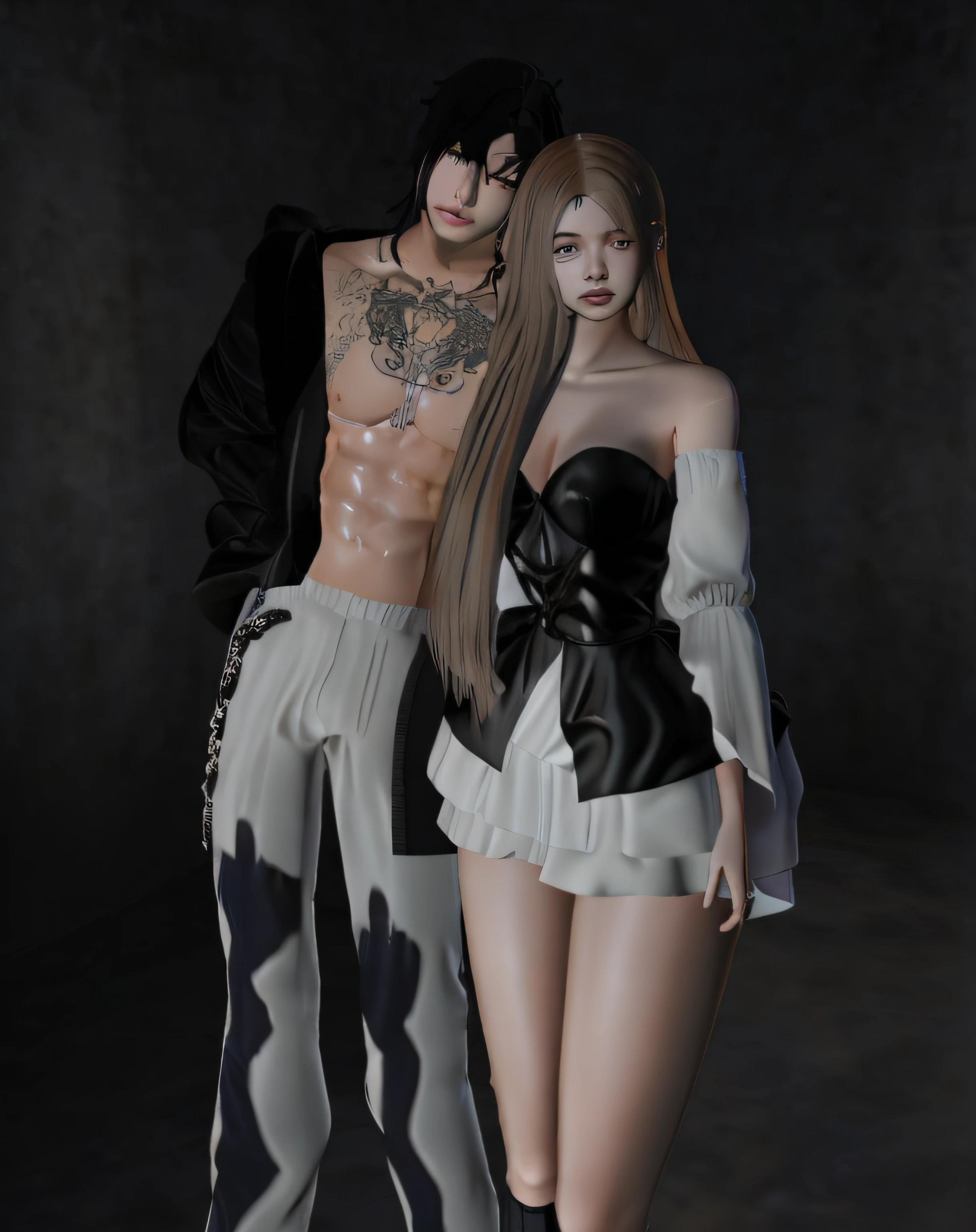 there are two people standing next to each other in a dark room, nixeu and sakimichan, imvu, couple pose, & jeehyung lee & wlop, secondlife, black-white skintight robes!, sakimichan and frank franzzeta, sensual gloomy style, inspired by Kim Deuk-sin, bussiere and roberto ferri