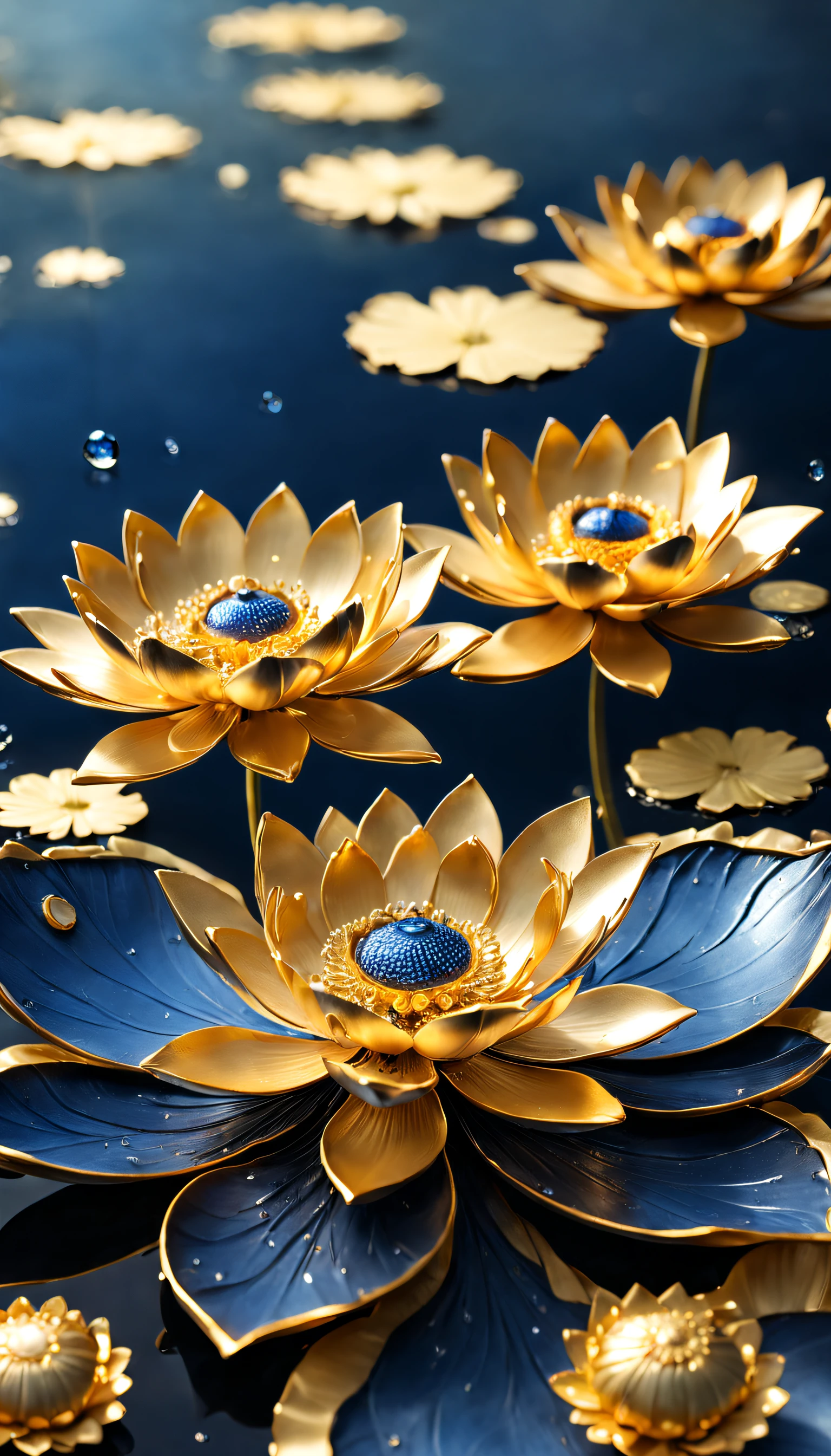 (Titanium alloy lotus）, Each metallic daisy flower has cascading petals，they are dark blue，Like the night sky and the deep sea，Attractive gold and blue shine，Lotus leaves with black gold inlay edges，The edges of the petals are brushed metal, (The large dewdrops on the edge of the petals are about to fall)，Rich metallic texture，Transparent dew，Golden lotus,Golden sunflower， flowers and gold, Gorgeous flowers,intricate flowers, Messy golden leaf flowers, 16k,Rococo elements, Capturing light and shadow，Gives people a beautiful spirit of strength and softness , Background with：Partial underwater reflection