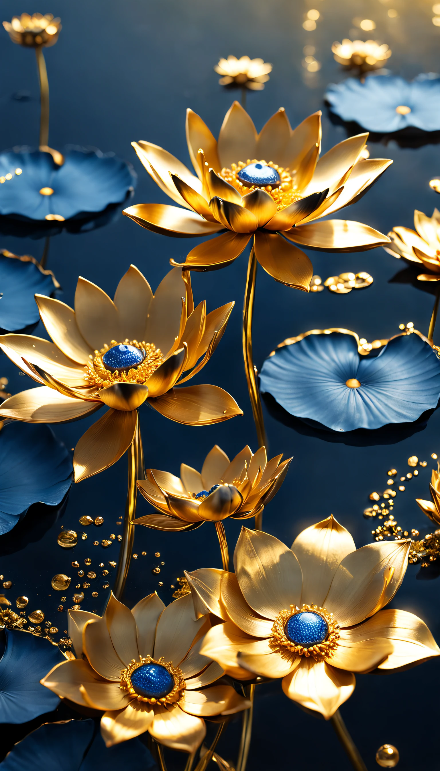 (Titanium alloy lotus）, Each metallic daisy flower has cascading petals，they are dark blue，Like the night sky and the deep sea，Attractive gold and blue shine，leaves made of black gold，The edges of the petals are brushed metal, (The large dewdrops on the edge of the petals are about to fall)，Rich metallic texture，Transparent dew，Golden lotus,Golden sunflower， flowers and gold, Gorgeous flowers,intricate flowers, Messy golden leaf flowers, 16k,Rococo elements, Capturing light and shadow，Gives people a beautiful spirit of strength and softness ,
Background with：Partial underwater reflection