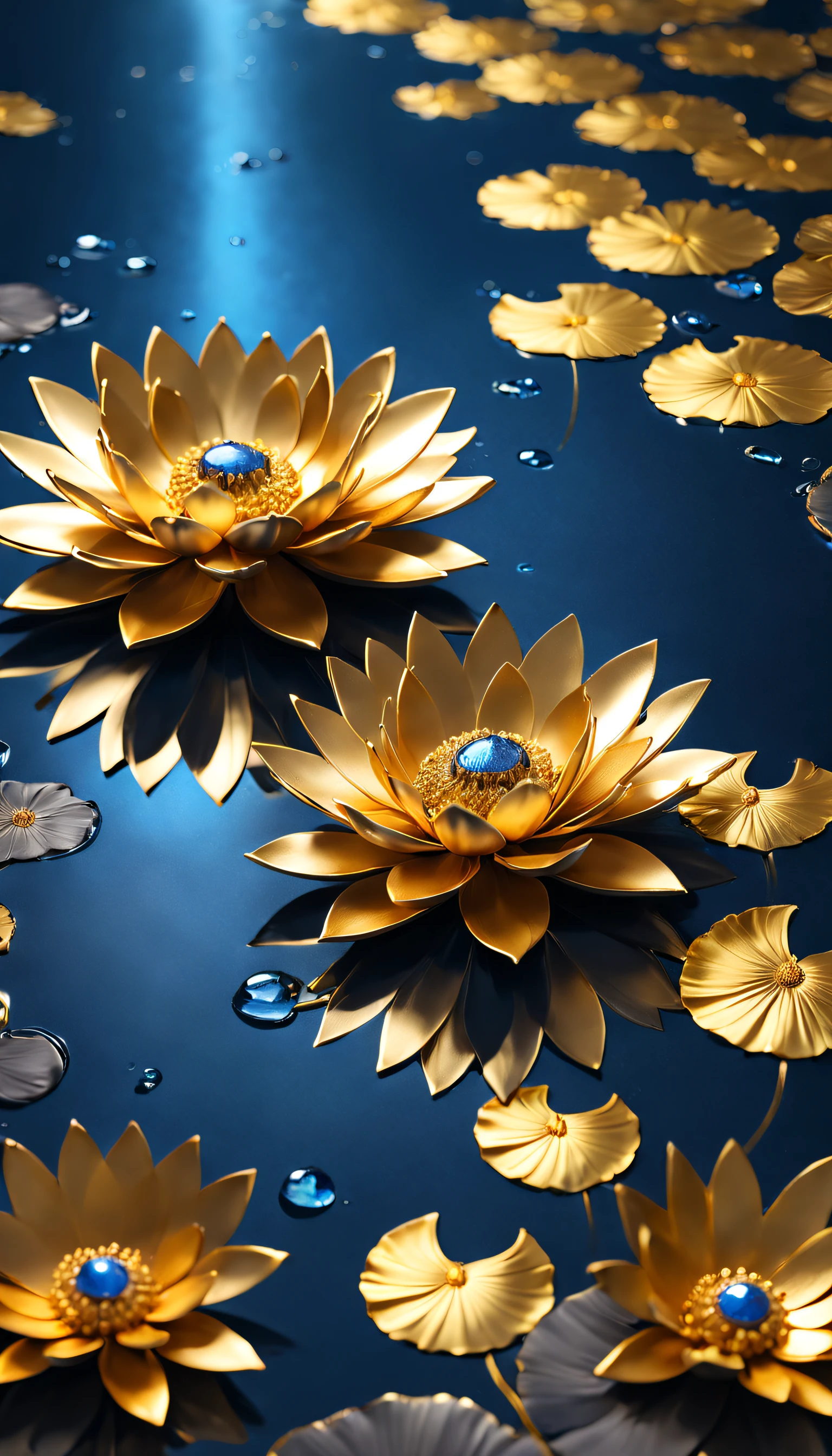 (Titanium alloy lotus）, Each metallic daisy flower has cascading petals，they are dark blue，Like the night sky and the deep sea，Attractive gold and blue shine，leaves made of black gold，The edges of the petals are brushed metal, (The large dewdrops on the edge of the petals are about to fall)，Rich metallic texture，Transparent dew，Golden lotus,Golden sunflower， flowers and gold, Gorgeous flowers,intricate flowers, Messy golden leaf flowers, 16k,Rococo elements, Capturing light and shadow，Gives people a beautiful spirit of strength and softness ,
Background with：Partial underwater reflection