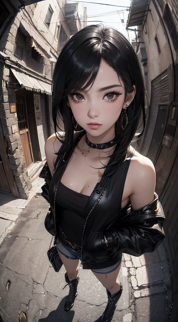 (((8k wallpaper of extremely detailed CG unit:1.2, masterpiece, hight resolution:1.2, top-quality:1.2, masutepiece))), ((a very beautiful woman, Hands in pockets:1.8, Street fashion:1.2, wearing a colorful jacket:1.2, Wearing boots)), ((extra detailed face, Highly detailed black eyes, extra detailed body, Top quality real texture skins)), (Black straight hair:1.2, de pele branca, exposed shoulder), ((Empty alley, Mileland)), (high-angle, a closeup, Fisheye:1.3), hyper realisitic, digitial painting,