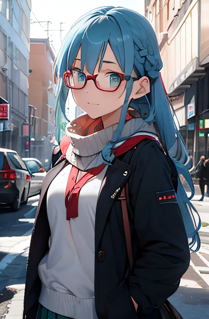 fully body photo,teens girl(18 only),blue hairs,Semi-long(Braided dumplings),Green eyes,Red-rimmed glasses,Winter school uniform