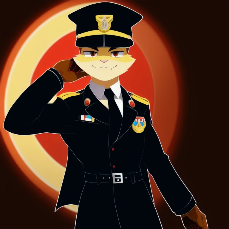 solo, male, rabbit, yellow colored fur, lean body, anthropomorphic rabbit, black leather trench coat, black barreta hat (red rims), holding black hole in hand, Nazi officer like clothing, badges and medals on trench coat