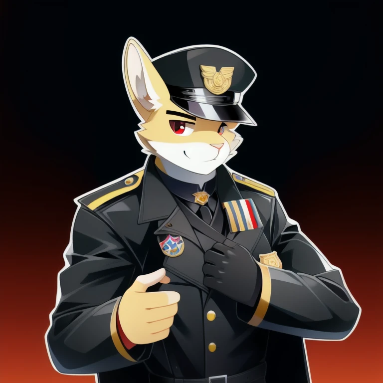 solo, male, rabbit, yellow colored fur, lean body, anthropomorphic rabbit, black leather trench coat, black barreta hat (red rims), holding black hole in hand, Nazi officer like clothing, badges and medals on trench coat