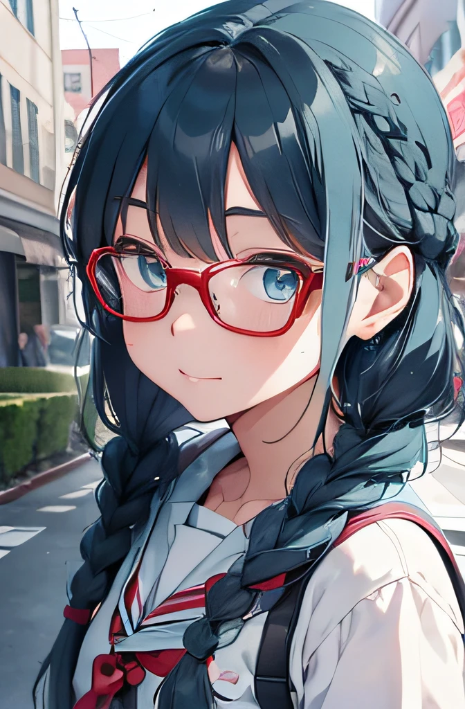 fully body photo,s girl(18 only),blue hairs,Semi-long(Braided dumplings),Green eyes,Red-rimmed glasses,Winter school uniform