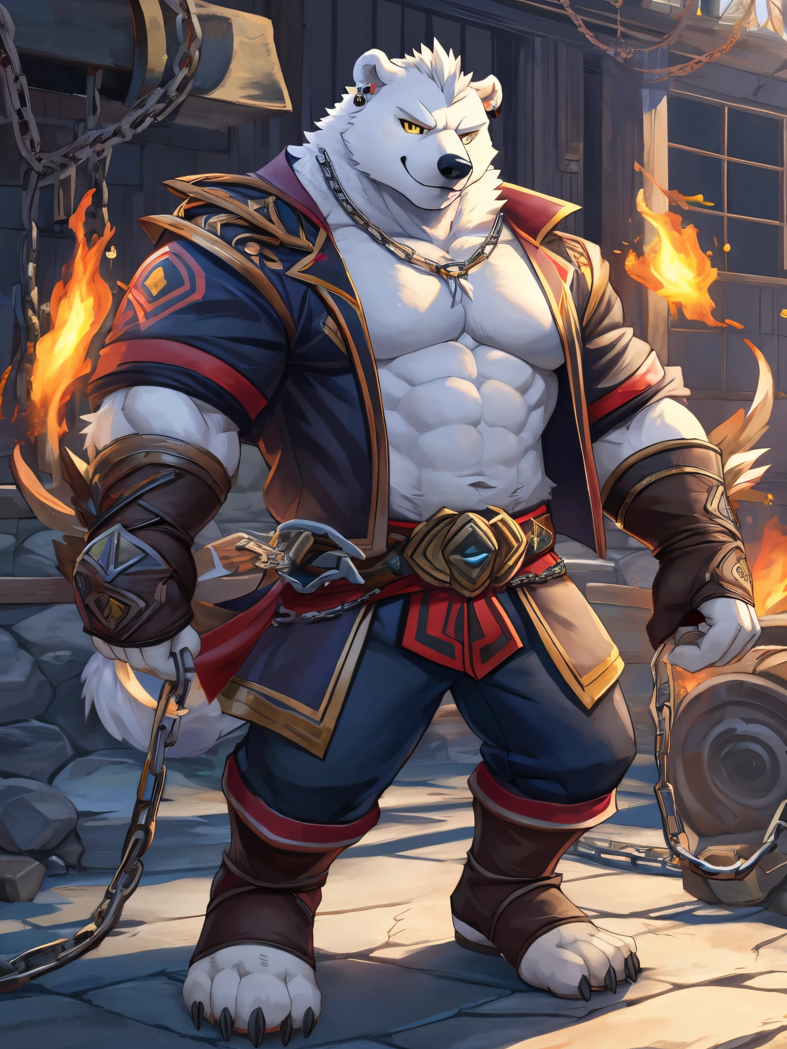 Detailed CG animation, male solo, full body, man standing, chains, street fighter, smug face, a muscular polar bear in the style of nviek5, muscle, short mohawk, bloom, highlight, blacksmith, shirt jacket, eventide, youthful, 4k rendering, best quality, masterpiece, yellow eyes, ear piercing, chain necklace, masterpiece, cygames, shadowverse, tokyo afterschool summoners, digitigrade, video games, official art, zenless zero zen, knuckle, mobile legends