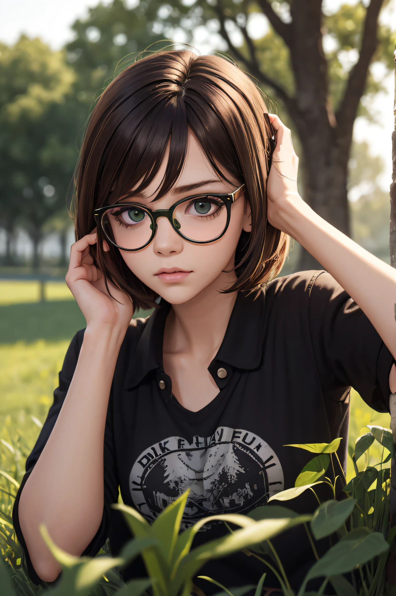 Punk girl with glasses and dark shirt, Blurred green grass and trees in the background, short brown hair, Detailed Face, circuits, hiquality, High Resolution