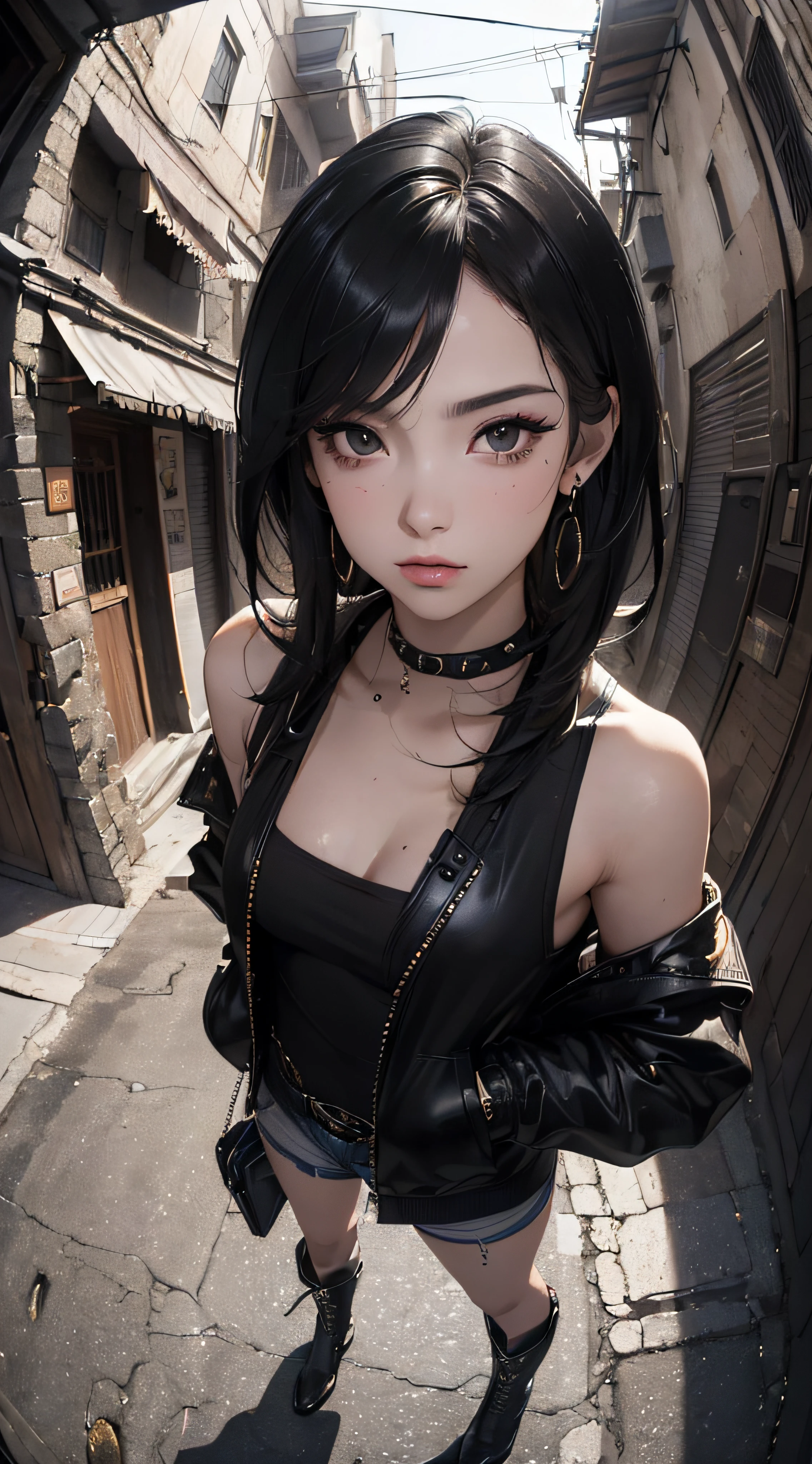 (((8k wallpaper of extremely detailed CG unit:1.2, masterpiece, hight resolution:1.2, top-quality:1.2, masutepiece))), ((a very beautiful woman, Hands in pockets:1.8, Street fashion:1.2, wearing a colorful jacket:1.2, Wearing boots)), ((extra detailed face, Highly detailed black eyes, extra detailed body, Top quality real texture skins)), (Black straight hair:1.2, de pele branca, exposed shoulder), ((Empty alley, Mileland)), (high-angle, a closeup, Fisheye:1.3), hyper realisitic, digitial painting,