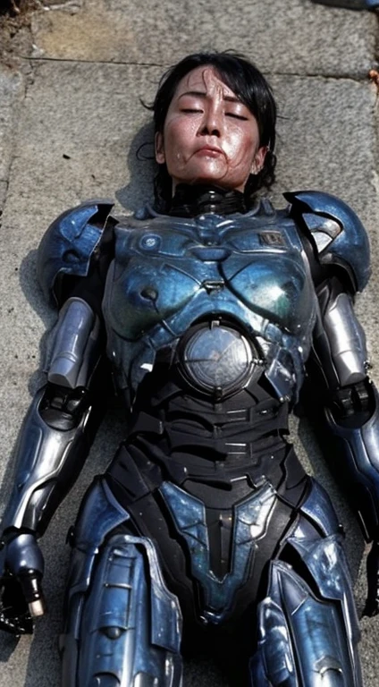 ((lying on your back on the ground))((Fulll body Shot))Middle-aged woman　Sweaty face、black weight robot suit、Full Black Armor, Black hair、Heavy Cyborg、Sweaty face、、Open the legs、((heavily damaged armor))、Opening Mouth、、((Drooling from the mouth..)) sexy eye　Cracks in the ground、Blood from the mouth、whole body is damaged、groggy expression、blood from the body　Eyes closed