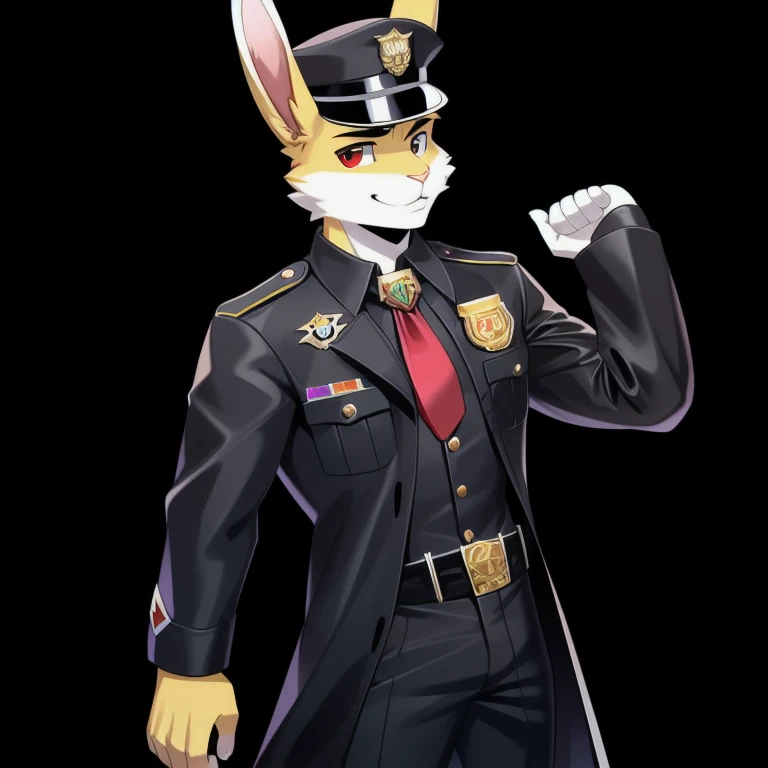 solo, male, rabbit, yellow colored fur, lean body, anthropomorphic rabbit, black leather trench coat, black barreta hat (red rims), holding black hole in hand,  officer like clothing, badges and medals on trench coat