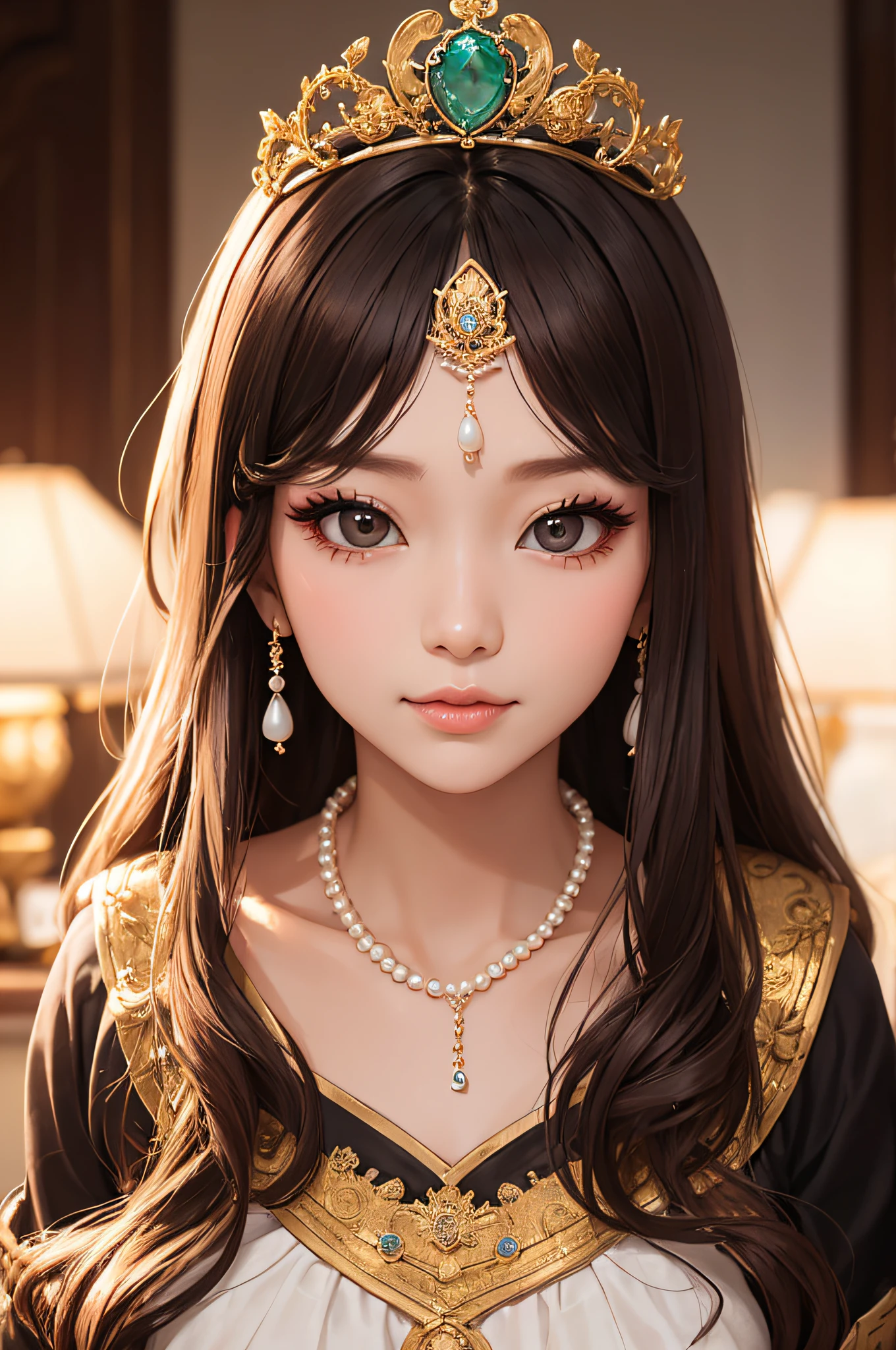 There is a woman in jeongsam, 2 7 years old, 2 8 years old, 2 9 years old, 3 2 years old, Gentle make-up, Ye Wen, 2 3 years old, round face, Sweet Lian, golden tiara, pearl necklace, Jade stud