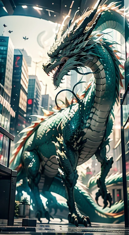 A mecha dragon，Mecha Chinese dragon，A technology background that is ahead of the future，Domineering，multiple lighting sources，Complex structures，Cyber city background，Buildings，the night，with light glowing，（（tmasterpiece，best qualtiy）），illustration，Ultra-detailed 8K，Clear focus，A highly detailed，Professional lighting，Colorful detailed，