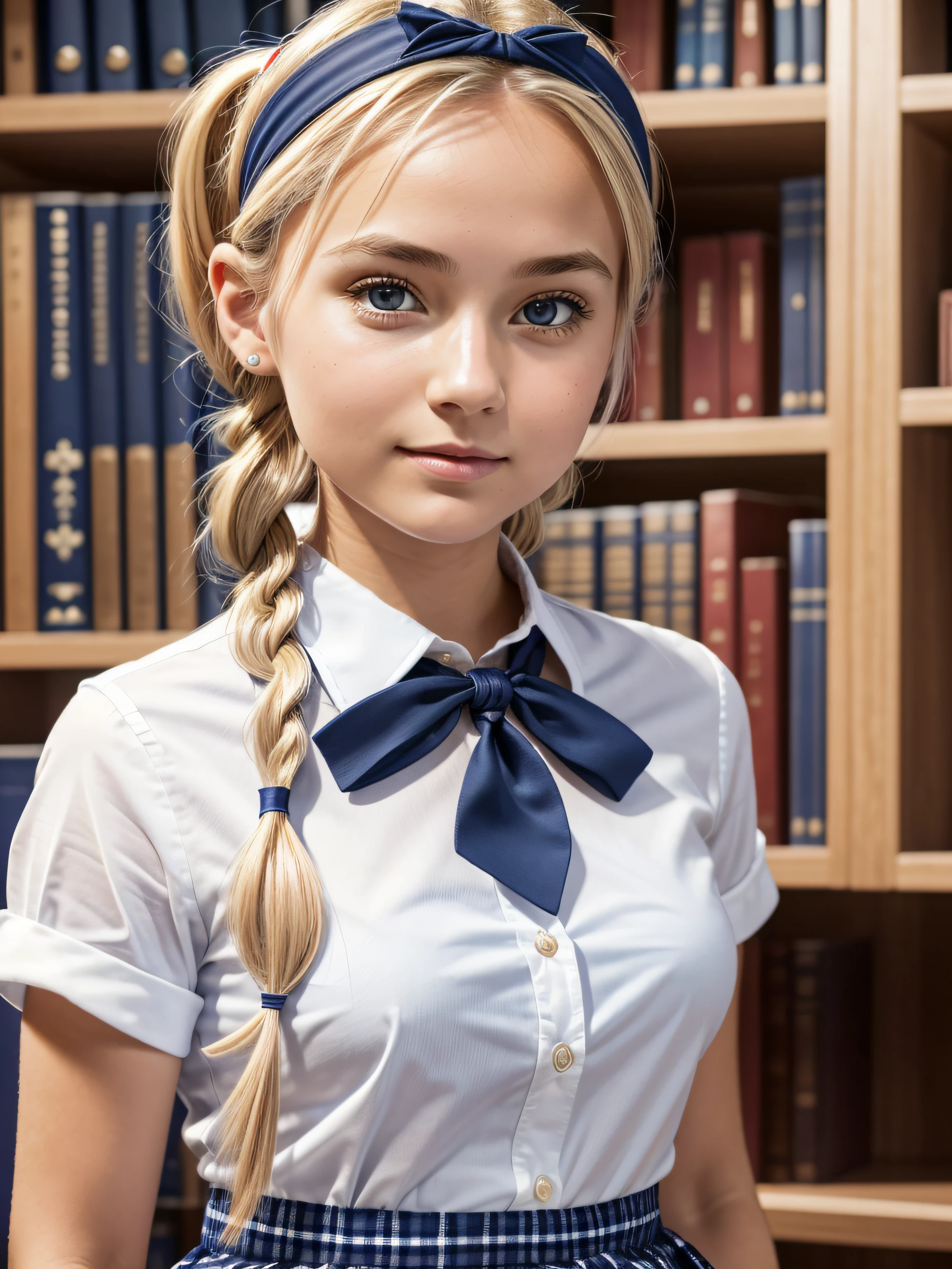 (Masterpiece), (Realistic), (best quality), (8K), ultra-detailed, UHD, RAW, Scandinavian (young) woman, very cute woman, extremely cute, innocent woman, tan:1.4, round, realistic blonde hair, braid pigtails, thin:1.3 arched eyebrows, realistic symmetric {blue:1.1} eyes, thin almond upturned eyes, round:1.6 cheeks, thin beautiful symmetric nose, small face, cheek dimples:1.4, arched chin, broad jaw, petite 150cm feminine body, wearing ({checkered_navy_blue_white}_micro_mini_skirt) and ({white}_shirt) and ({red}_mini_tie), (navy_blue hairband), friendly and cute expression, at the library