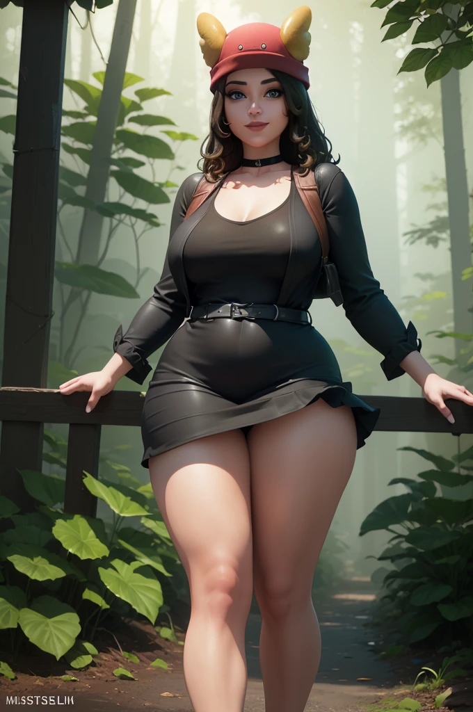 (8k, best quality, masterpiece:1.2), (realistic, photo-realistic:1.37), ultra-detailed, 1 girl,cute, solo, ,beautiful detailed blue eyes, medium wavy hair, , thick thighs, standing in the jungle, , smiling, looking at viewer, ,light brown hair, black lips, black lipstick, full body view, , whole body shot, red hat, chubby, black short dress , nsfw, choker, fishnet