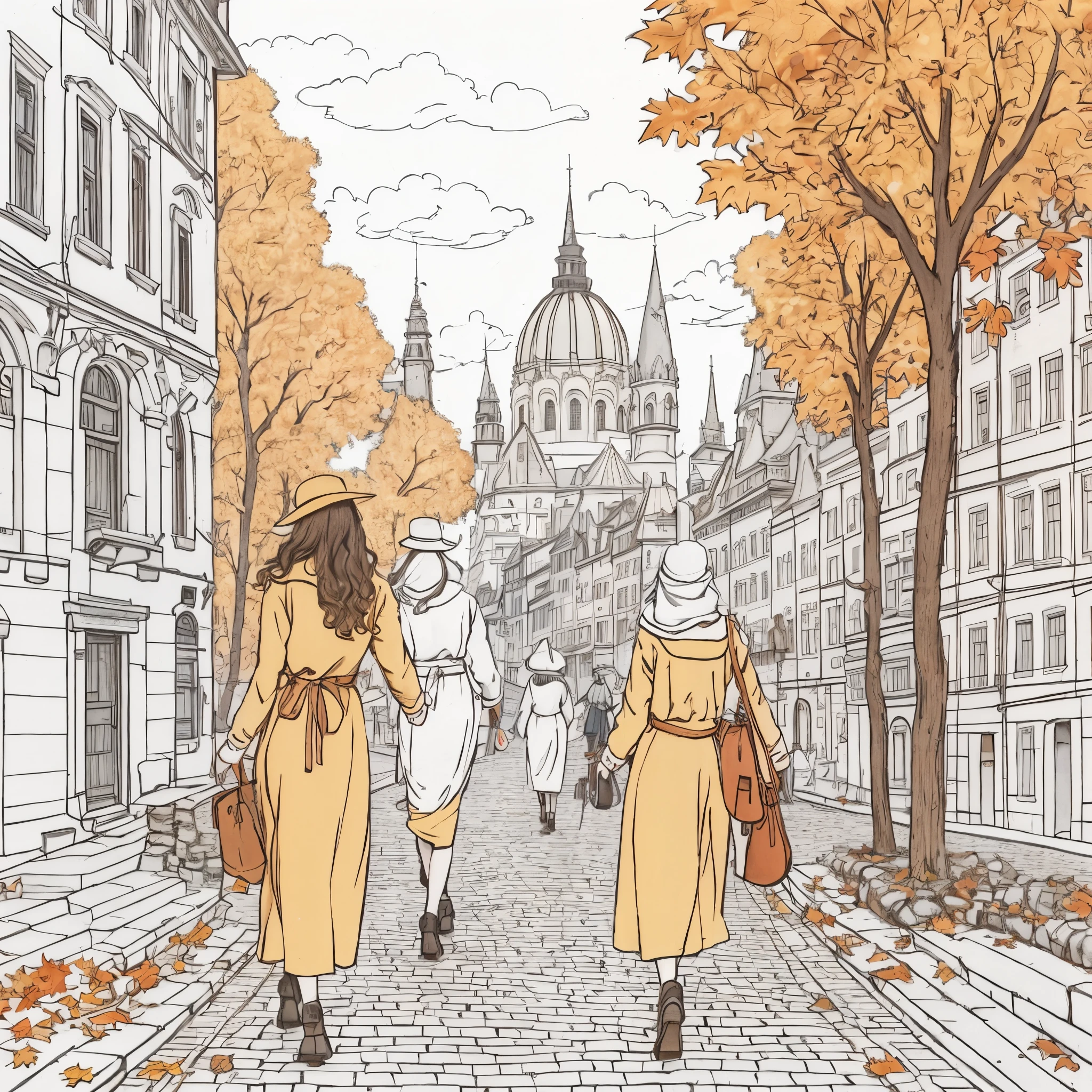 Several women walking down the autumn street, 256x256, 2 5 6 x 2 5 6, travelers walking the streets, wandering in the city, Background of Budapest Street, by Károly Lotz, Barras Diosegi, mode naphtel, Written by Laszlo Bezedes