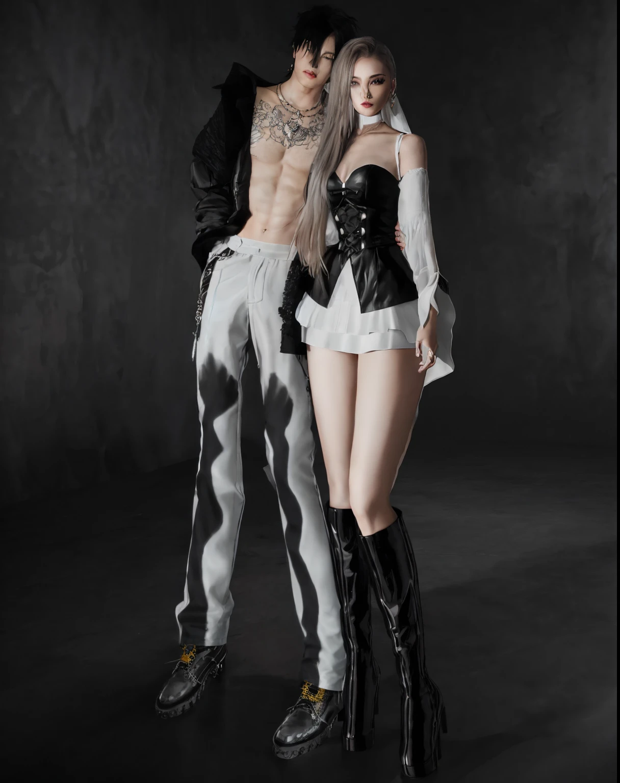 there are two people, 1man, 1woman, standing next to each other in a dark room, imvu, black & white, couple pose, nixeu and sakimichan, full body! shot, intertwined full body view, lascivious pose, 2b, 2 b, white blouse and gothic boots, secondlife, black-white skintight robes!,couple