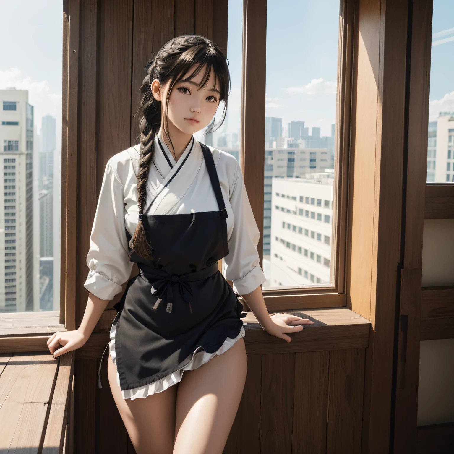 1girl,legs,a girl at building,(((building))), braided bangs,braided ponytail,(solo:1.2),apron,thick thighs,side-tie panties, balck hair, 16yo,looking at viewer, sunlight,hanfu,