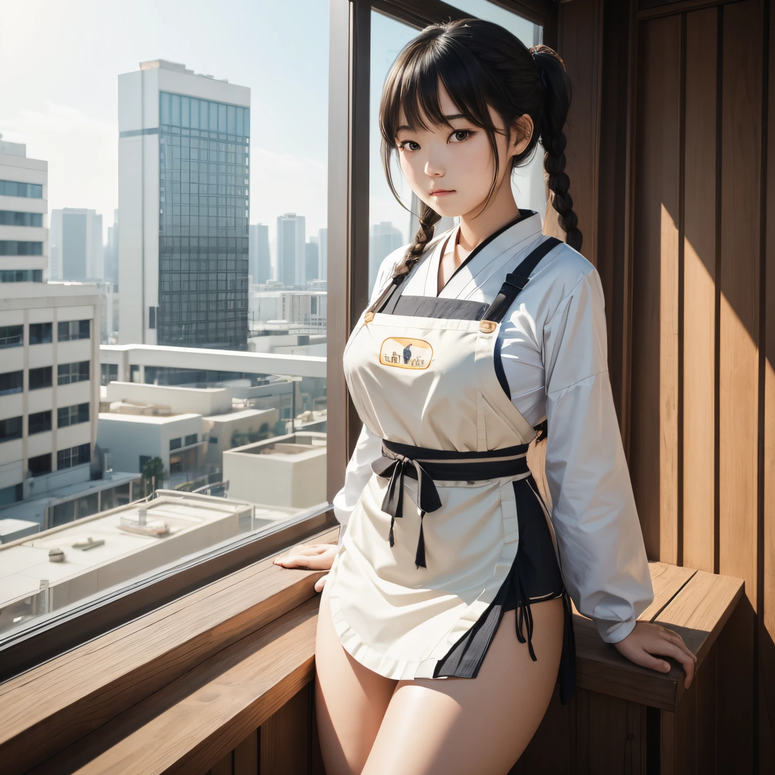 1girl,legs,a girl at building,(((building))), braided bangs,braided ponytail,(solo:1.2),apron,thick thighs,side-tie panties, balck hair, 16yo,looking at viewer, sunlight,hanfu,