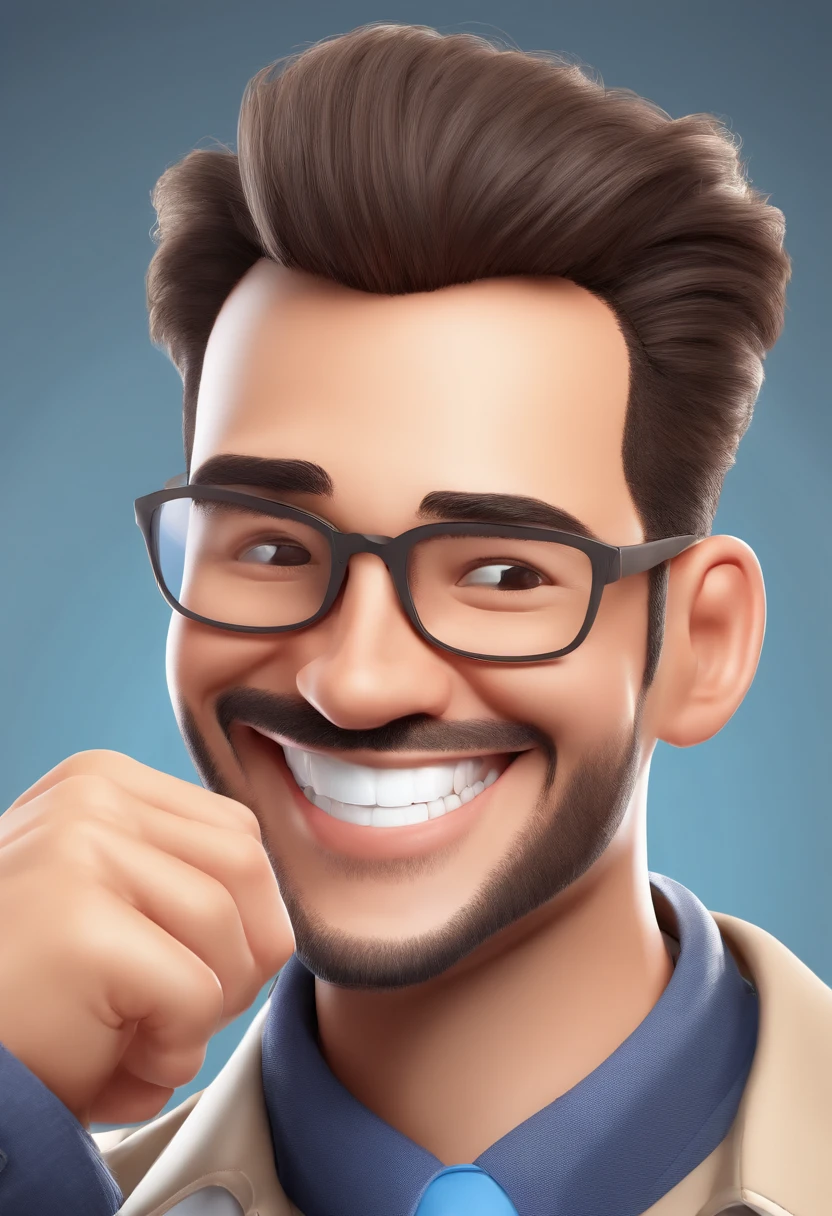 Illustration of a smiling man, healthy smile, Swarthy man with a big smile, smiling happily at the camera, Cheeky smile, it's smiling, A very wide smile, Smiling man, Profile Picture for Headshot, Laughing Big Smile, Drawing in 3D Art style, c4d, Pure white background color, Disney style, Pixar Style Illustration Rendering Super Detail, 8K The photo shows a smiling man in casual clothes, standing against a plain wall background. He wears a beige jacket and the blue shirt collar is visible under the jacket., and he gives a thumbs up sign . approval or success. He is a business coach. Style Illustration