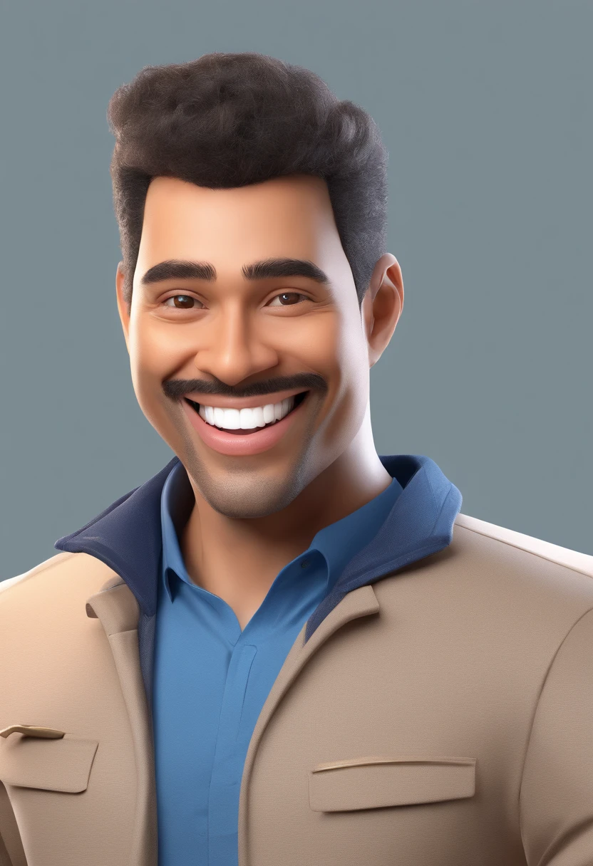Illustration of a smiling man, healthy smile, Swarthy man with a big smile, smiling happily at the camera, Cheeky smile, it's smiling, A very wide smile, Smiling man, Profile Picture for Headshot, Laughing Big Smile, Drawing in 3D Art style, c4d, Pure white background color, Disney style, Pixar Style Illustration Rendering Super Detail, 8K The photo shows a smiling man in casual clothes, standing against a plain wall background. He wears a beige jacket and the blue shirt collar is visible under the jacket., and he gives a thumbs up sign . approval or success. He is a business coach. Style Illustration