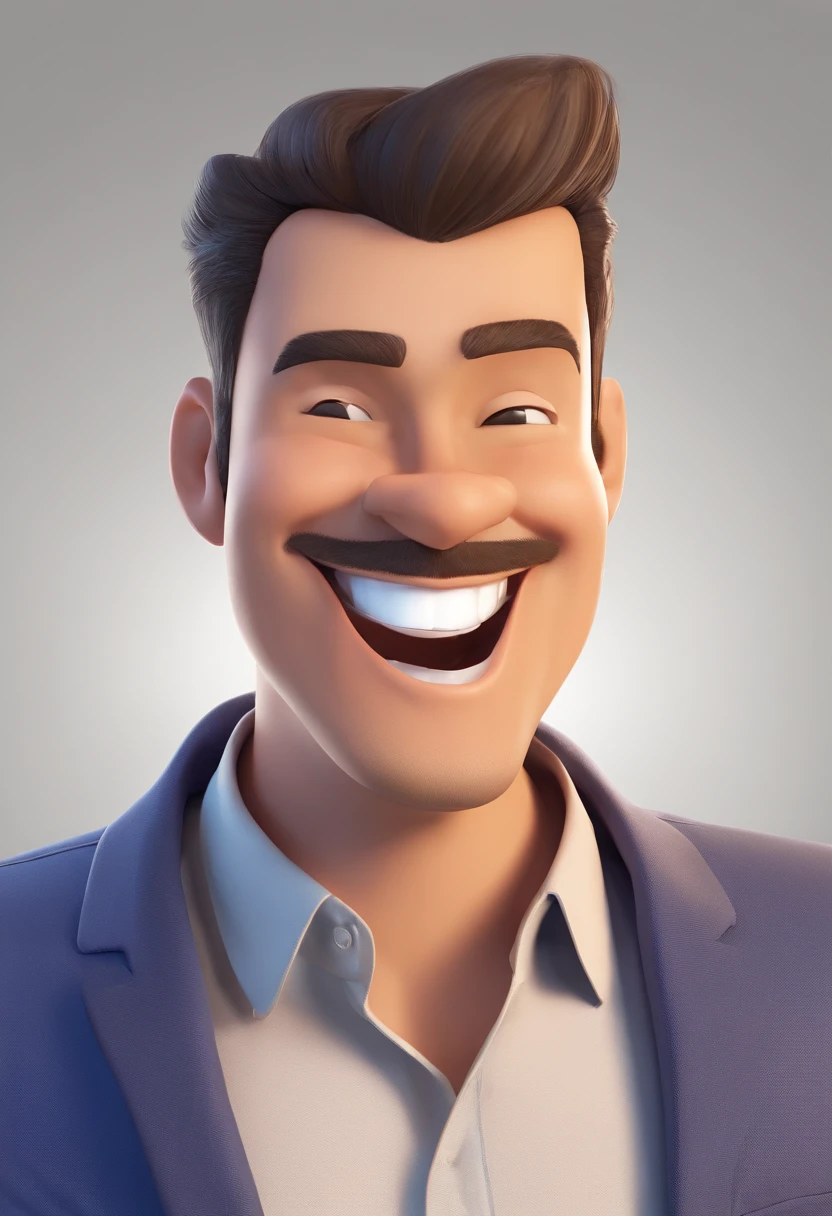 Illustration of a smiling man, healthy smile, Swarthy man with a big smile, smiling happily at the camera, Cheeky smile, it's smiling, A very wide smile, Smiling man, Profile Picture for Headshot, Laughing Big Smile, Drawing in 3D Art style, c4d, Pure white background color, Disney style, Pixar Style Illustration Rendering Super Detail, 8K The photo shows a smiling man in casual clothes, standing against a plain wall background. He wears a beige jacket and the blue shirt collar is visible under the jacket., and he gives a thumbs up sign . approval or success. He is a business coach. He is not fat but full Style illustration