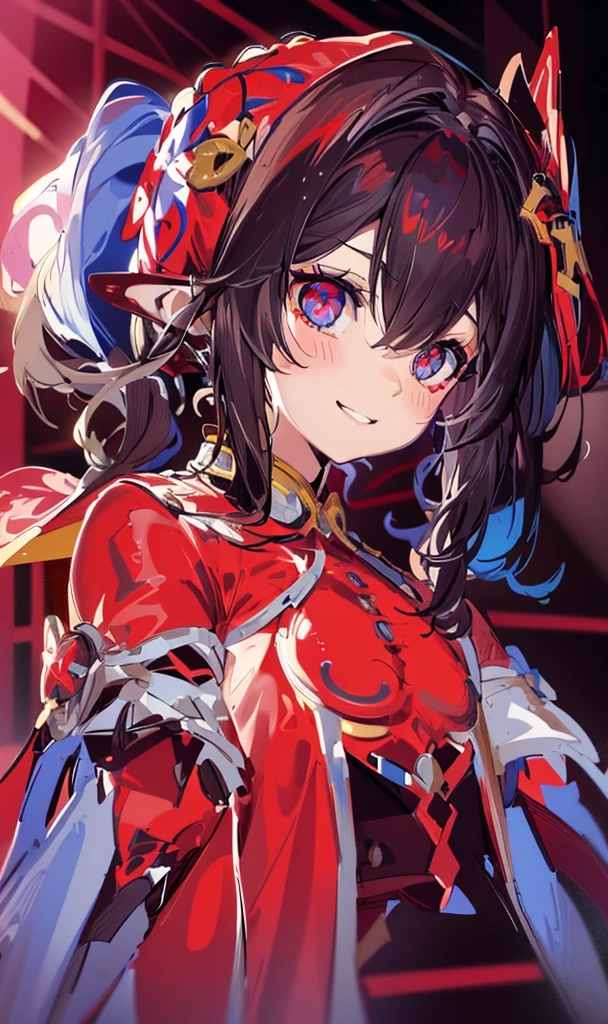1girl, solo, indoors, full body, standing, smile, pomni, multicolored clothes, jester cap, puffy short sleeves, gloves, buttons, colored skin, symbol-shaped pupils, red eyes, blue eyes, huge breast, curvy
