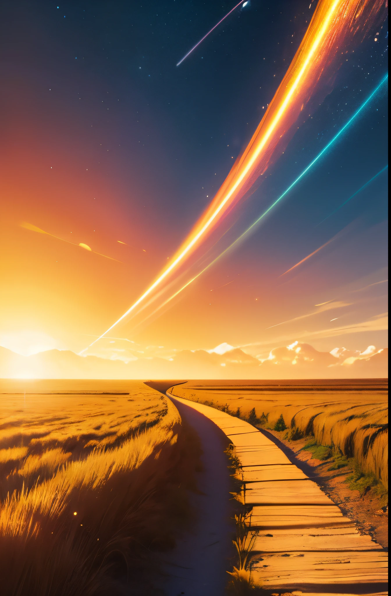 Captivating article cover design with a glowing trail stretching towards a celestial horizon, simbolizando el camino hacia el Reino de Dios. Warm colors and radiant light create an atmosphere of hope and expectation