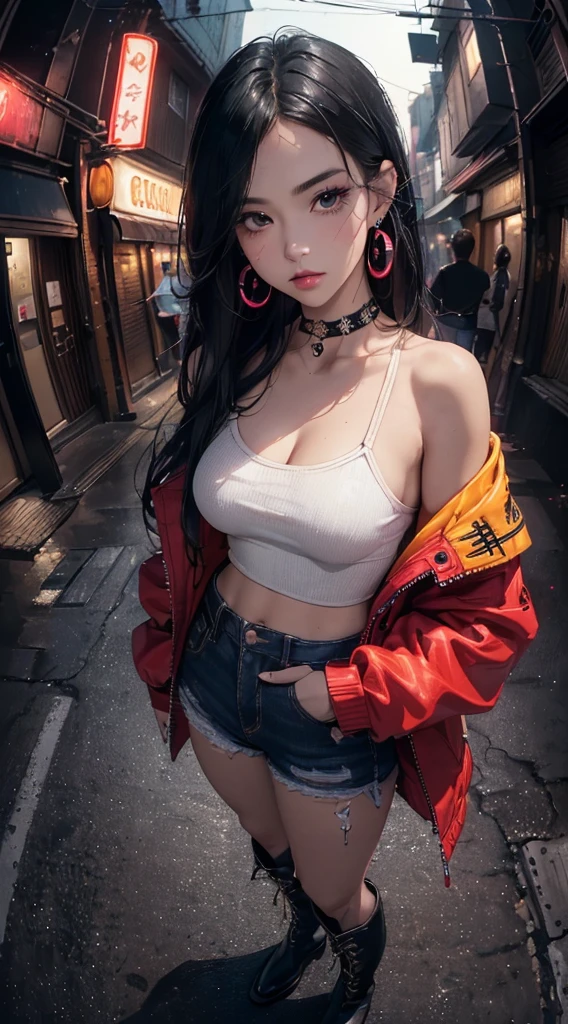 (((8k wallpaper of extremely detailed CG unit:1.2, masterpiece, hight resolution:1.2, top-quality:1.2, masutepiece))), ((a very beautiful woman, Wearing piercings, a choker, Hands in pockets:1.8, Street fashion:1.5, wearing a colorful jacket:1.4, Denim jeans, Wearing boots)), ((extra detailed face, Highly detailed black eyes, extra detailed body, Top quality real texture skins)), (Black straight hair:1.2, de pele branca, exposed shoulder), ((Empty alley, Mileland, natta, Neon Street)), (high-angle, Fisheye:1.3), hyper realisitic, digitial painting,